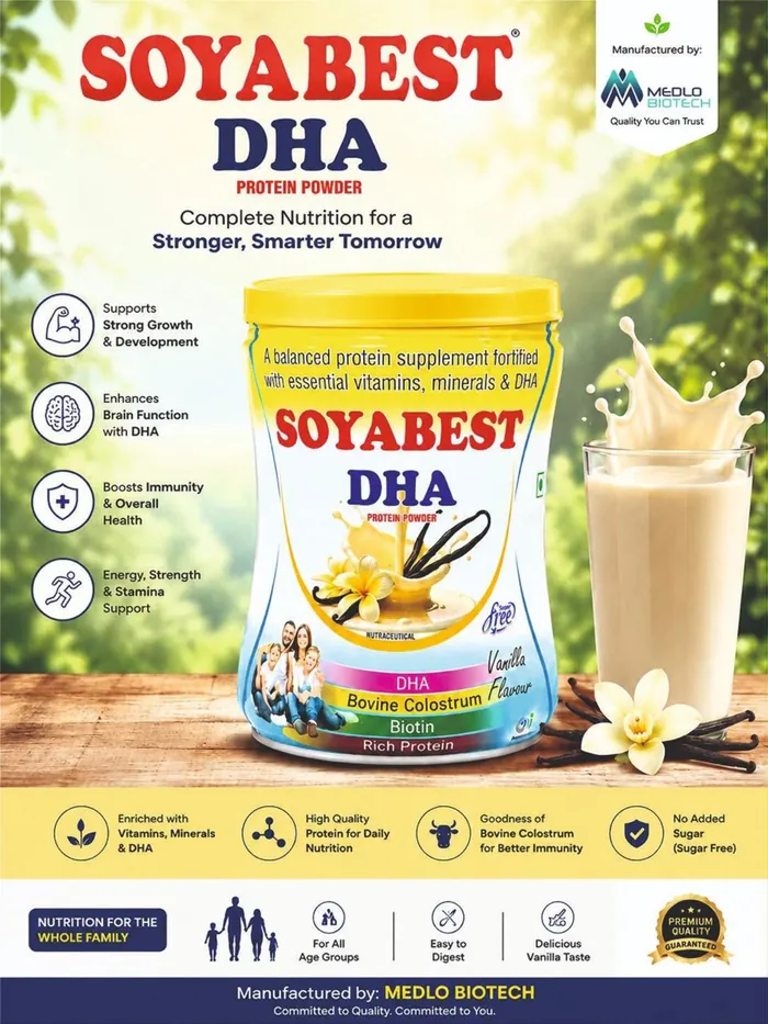 Soyabest DHA protein powder manufactured by Medlo Biotech