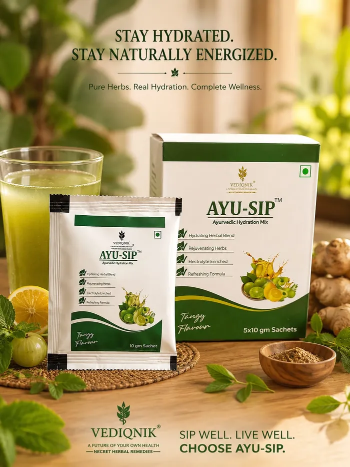 Ayu-Sip Ayurvedic hydration mix sachets manufactured by Medlo Biotech