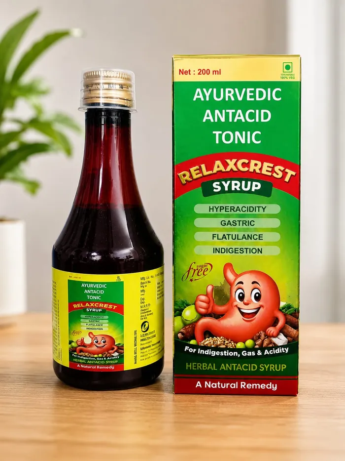 Relaxcrest Ayurvedic antacid syrup manufactured by Medlo Biotech