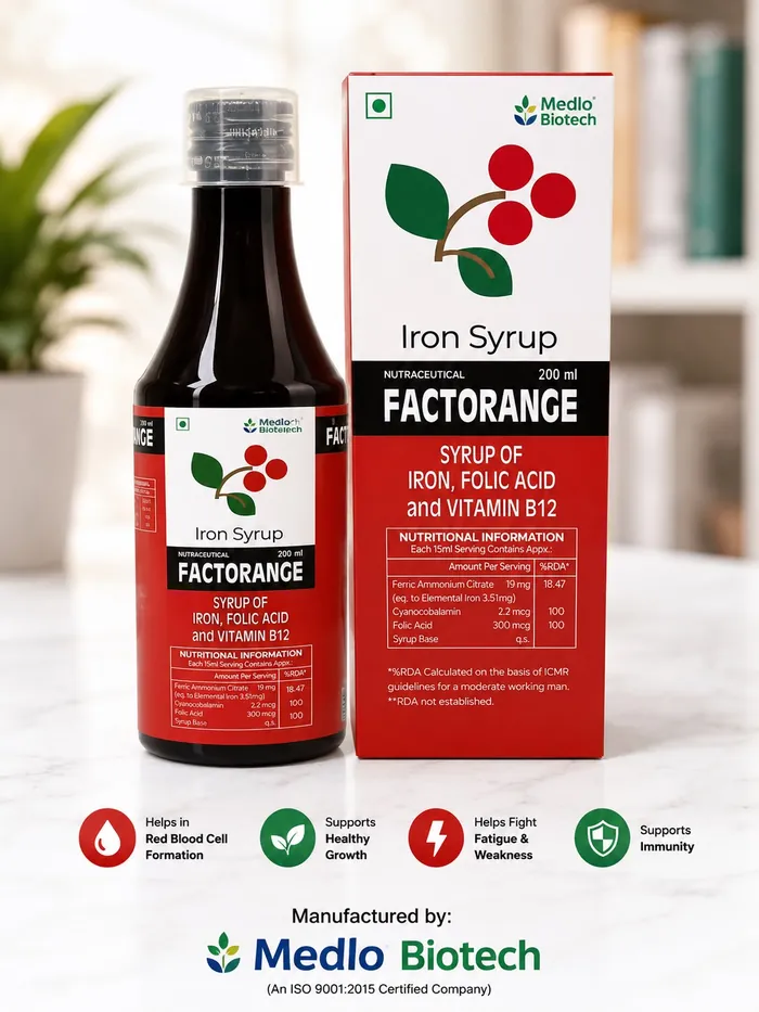 Factorange iron and folic acid syrup manufactured by Medlo Biotech