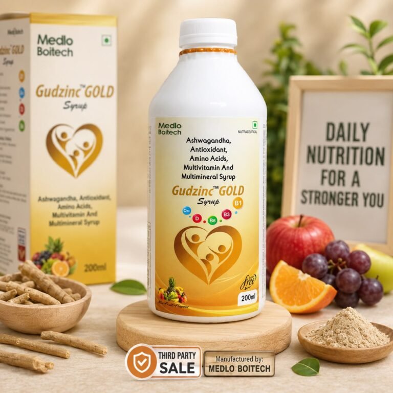 Gudzinc Gold Ashwagandha Multivitamin Syrup manufactured by Medlo Biotech